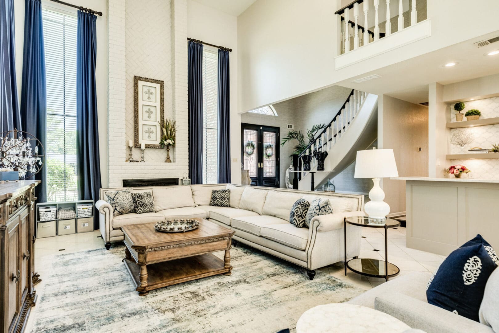 white and blue living room