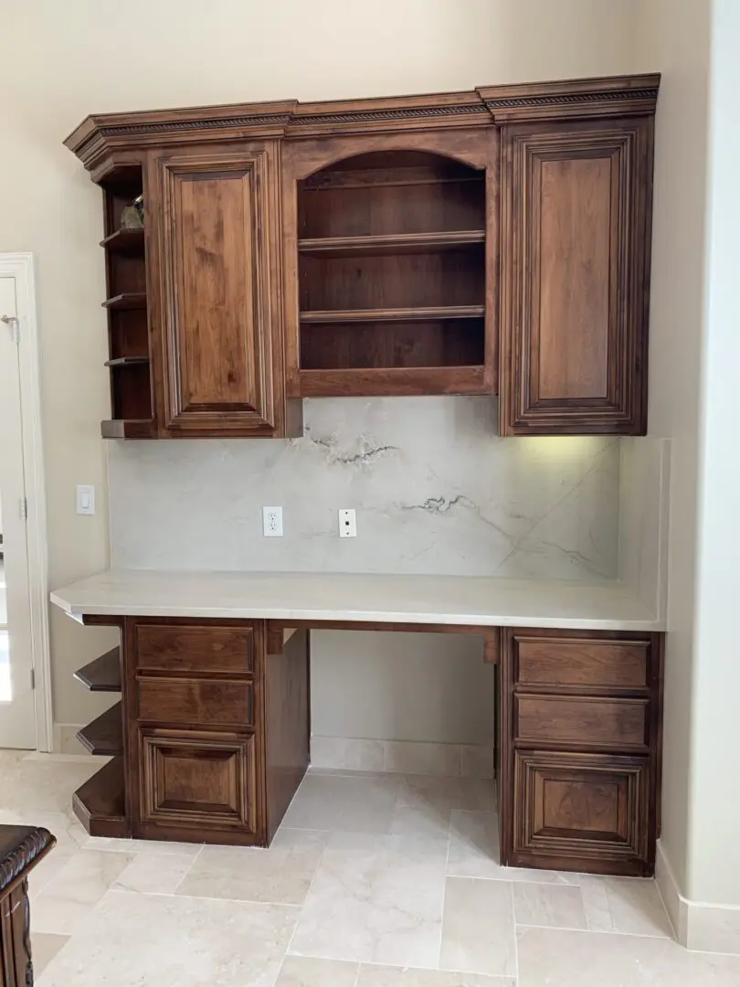 office with dark oak shelves